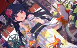 Rule 34 | 1girl, animal, black hair, blunt bangs, blush, fish, flying fish, food, goldfish, hair ornament, highres, holding, holding food, holding spoon, japanese clothes, kanzashi, kimono, long hair, open mouth, original, outdoors, red eyes, remini (scenceremini), shaved ice, spoon, two side up, very long hair, water drop, wide sleeves, yukata