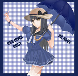 Rule 34 | 10s, 1girl, absurdres, black hair, blue ribbon, brown eyes, buttons, character name, dress, eyebrows, frilled skirt, frills, garter straps, hair between eyes, hat, hat ribbon, highres, holding, holding umbrella, iowa (pacific), kantai collection, lace, lace-trimmed dress, lace-trimmed legwear, lace trim, long hair, miniskirt, pacific (kancolle), pleated skirt, puffy short sleeves, puffy sleeves, raven (6848064), ribbon, ribbon-trimmed legwear, ribbon trim, short sleeves, skirt, solo, thighhighs, umbrella, white thighhighs, wrist ribbon