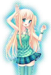 Rule 34 | 1girl, :d, aqua eyes, bad id, bad pixiv id, blonde hair, casual, collarbone, head tilt, highres, jewelry, long hair, looking at viewer, nami (nyaa), necklace, open mouth, original, plaid, plaid skirt, pleated skirt, skirt, smile, solo, thighhighs, transparent background, two side up, waving, zettai ryouiki