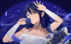 Rule 34 | 1girl, arm up, armpits, bare shoulders, blue eyes, blue flower, blue hair, blue nails, blue rose, breasts, choker, cleavage, commentary request, flower, hand up, highres, hoshino ichika (project sekai), large breasts, long hair, nail polish, parted lips, project sekai, rose, schrodinger de miao m, solo, upper body, white choker