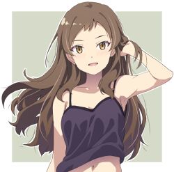 Rule 34 | 1girl, adjusting hair, arm at side, arm up, armpits, bare shoulders, birthday, blush, border, breasts, brown eyes, brown hair, cleavage, collarbone, commentary request, crop top, crop top overhang, dot nose, eyelashes, green background, hand in own hair, hand up, idolmaster, idolmaster million live!, kitazawa shiho, light smile, long hair, looking at viewer, medium breasts, midriff, minasato hibiki, navel, outline, outside border, parted bangs, purple tank top, short bangs, sidelocks, simple background, sleeveless, solo, straight-on, straight hair, swept bangs, tank top, upper body, white border, white outline