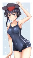 Rule 34 | 1girl, asymmetrical hair, black hair, blue one-piece swimsuit, breasts, brown eyes, collarbone, cowboy shot, hair between eyes, highres, i-14 (kancolle), kantai collection, mesera, one-piece swimsuit, open mouth, school swimsuit, small breasts, smile, solo, swimsuit