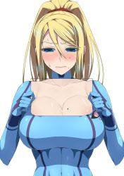 Rule 34 | 1girl, blonde hair, blue eyes, blush, bodysuit, breasts, cleavage, covered navel, highres, humiliation, large breasts, latex, metroid, mole, mole on breast, morimoto kiyona, nintendo, ponytail, samus aran, sign, simple background, skin tight, sweat, tears, x-ray, x-ray vision, zero suit