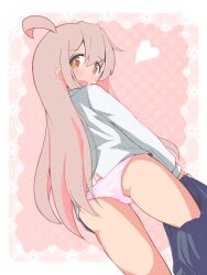 Rule 34 | 1girl, :d, ahoge, ass, bare legs, blue skirt, border, brown eyes, commentary, from behind, from below, genderswap, genderswap (mtf), hair between eyes, heart, highres, long hair, long sleeves, looking at viewer, looking back, looking down, no pants, onii-chan wa oshimai!, open mouth, ornate border, outside border, oyama mahiro, panties, pink background, pink hair, pink panties, polka dot, polka dot background, shirt, simple background, skirt, skirt around one leg, smile, solo, underwear, undressing, unkimo, white shirt