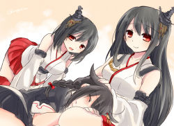 Rule 34 | 10s, 3girls, all fours, bare shoulders, belt, black hair, black serafuku, black skirt, blue eyes, blush, braid, breasts, closed eyes, collarbone, crying, detached sleeves, fusou (kancolle), hair flaps, hair ornament, hairclip, hairpin, hand on another&#039;s head, headgear, headpat, japanese clothes, kantai collection, kimono, lap pillow, large breasts, long hair, lying, multiple girls, nagasioo, nontraditional miko, open mouth, personification, pleated skirt, red eyes, red skirt, school uniform, serafuku, shigure (kancolle), short hair, short sleeves, single braid, sitting, skirt, sleeve cuffs, smile, tears, thighs, very long hair, yamashiro (kancolle)