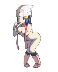 Rule 34 | 1girl, ass, beanie, black socks, blue hair, boots, bracelet, breasts, bule, creatures (company), dawn (pokemon), female focus, full body, game freak, grey eyes, hair ornament, hairclip, hand to own mouth, hands up, hat, highres, jewelry, knees together feet apart, leaning forward, looking to the side, medium breasts, nintendo, nipples, nude, pink footwear, pink scarf, pokemon, pokemon dppt, scarf, simple background, smile, socks, solo, standing, tongue, tongue out, white background, white hat, wristband