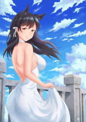 Rule 34 | 1girl, absurdres, animal ears, atago (azur lane), azur lane, backless dress, backless outfit, black hair, breasts, brown eyes, closed mouth, cloud, cloudy sky, commentary request, cowboy shot, day, dress, extra ears, highres, holding, holding clothes, holding dress, initial, large breasts, mole, mole under eye, outdoors, railing, ribbon, sky, smile, swept bangs, watermelonfield, white dress, white ribbon