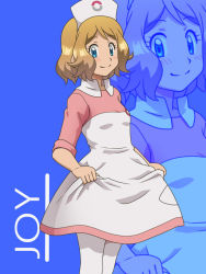 Rule 34 | 1girl, alternate costume, awa, blonde hair, blue background, blue eyes, blush, breasts, character name, cosplay, creatures (company), dress, english text, female focus, game freak, hands up, hat, joy (pokemon), joy (pokemon) (cosplay), looking at viewer, nintendo, nurse cap, poke ball theme, pokemon, pokemon (anime), pokemon xy (anime), serena (pokemon), short hair, simple background, small breasts, smile, solo, standing, thighhighs, white dress, white hat, white thighhighs, zoom layer
