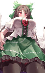 Rule 34 | 1girl, absurdres, arm at side, bare arms, bird wings, black hair, black thighhighs, black wings, blush, bow, breasts, buttons, cape, center frills, fingernails, frilled skirt, frills, from below, green bow, green nails, green skirt, hair bow, hand on own hip, highres, impossible clothes, impossible shirt, large breasts, long hair, looking at viewer, mahoro (minase mahoro), miniskirt, nail polish, parted bangs, puffy short sleeves, puffy sleeves, red eyes, reiuji utsuho, shirt, short sleeves, skirt, solo, starry sky print, thighhighs, third eye, touhou, very long hair, white cape, white shirt, wings, zettai ryouiki