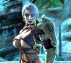 Rule 34 | 1girl, 3d, armor, blue eyes, breasts, cave, cleavage, earrings, female focus, game cg, hair over one eye, huge breasts, isabella valentine, jewelry, large breasts, lipstick, makeup, namco, official art, outdoors, short hair, smile, solo, soul calibur, soulcalibur, soulcalibur iv, underboob, white hair