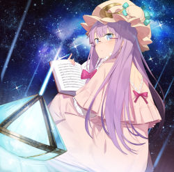 Rule 34 | 1girl, absurdres, backless dress, backless outfit, bespectacled, blue eyes, book, bow, bun cover, dress, frills, galaxy, glasses, hat, hayashi kewi, highres, light, long hair, looking at viewer, looking back, mob cap, moire, musical note, nightgown, open book, patchouli knowledge, pink-framed eyewear, pink dress, pink hat, pinky out, purple hair, ribbon, rimless eyewear, sheet music, solo, space, staff (music), star (sky), touhou