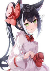 Rule 34 | 1girl, :t, animal ear fluff, animal ears, black hair, blush, bow, cat ears, closed mouth, commentary request, dress, emimeku, green eyes, grey hair, hair between eyes, hair bow, karyl (princess connect!), long hair, long sleeves, multicolored hair, ponytail, pout, princess connect!, red bow, simple background, solo, squiggle, streaked hair, v-shaped eyebrows, very long hair, white background, white dress