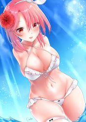 Rule 34 | 1girl, alternate hair color, arms behind back, azur lane, bare shoulders, bikini, black prince (azur lane), black prince (white princess) (azur lane), blush, bow, breasts, cleavage, collarbone, cowboy shot, day, flower, frilled bikini, frills, from below, front-tie bikini top, front-tie top, groin, groin tendon, hair bow, hair flower, hair ornament, hairband, hibiscus, highres, large breasts, leaning forward, lips, looking at viewer, navel, open mouth, outdoors, parted bangs, pink hair, red eyes, red flower, shiny skin, short hair, signature, skindentation, smile, solo, sunlight, swimsuit, thigh strap, thighs, tongue, touwa iyo, wading, water, white bikini, white bow, white legwear, wide hips