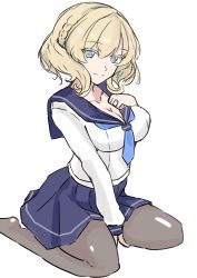 Rule 34 | 1girl, absurdres, between legs, blonde hair, blue eyes, blue neckerchief, blue sailor collar, blue skirt, breasts, cleavage, colorado (kancolle), colored eyelashes, hair between eyes, hand between legs, hand on own chest, highres, jewelry, kantai collection, ken (shutenndouji1), large breasts, looking at viewer, neckerchief, pantyhose, ring, sailor collar, school uniform, serafuku, skirt, smile, solo, wedding band, white background