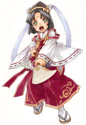 Rule 34 | 1girl, absurdres, aqua eyes, bell, black hair, hat, highres, holding, iwasaki minako, open mouth, polearm, rune factory, sandals, simple background, solo, tabi, uzuki (rune factory), weapon, white background