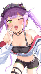 Rule 34 | 1girl, baseball cap, belt, blush, breasts, ear piercing, fangs, green eyes, hat, hololive, jacket, jewelry, medium breasts, nails, navel piercing, necklace, one eye closed, open mouth, piercing, purple hair, shorts, takahira (takahirac562), teeth, tokoyami towa, twintails, upper teeth only, v, white background