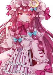 Rule 34 | 1girl, blue bow, blush, book, bow, crescent, dress, frills, hair bow, hair ornament, hat, jaku sono, light smile, long hair, long sleeves, looking at viewer, mob cap, patchouli knowledge, purple eyes, purple hair, red bow, ribbon, solo, striped, touhou, very long hair, white background
