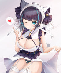 Rule 34 | 1girl, aqua eyes, aqua hair, azur lane, bare arms, black hair, breasts, center opening, cheshire (azur lane), cleavage, closed mouth, commentary, cowboy shot, dress, eyelashes, garter straps, gold trim, heart, highres, index finger raised, large breasts, lifted by self, looking at viewer, maid headdress, mctom, multicolored hair, one eye closed, panties, pantyshot, simple background, smile, solo, speech bubble, streaked hair, striped clothes, striped panties, thighhighs, thighs, two-tone hair, underwear, white dress, white thighhighs
