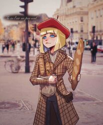 Rule 34 | 1girl, absurdres, bag, baguette, basedbinkie, blonde hair, blue eyes, bread, brown bag, brown coat, carrot, city, coat, day, flayne (basedbinkie), food, french text, highres, holding, holding bag, holding food, offering food, open clothes, open coat, original, outdoors, pants, paper bag, parted lips, people, plaid, plaid coat, red headwear, short hair, solo focus, teeth