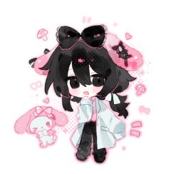 Rule 34 | &gt; o, 1boy, animal ears, black bow, black eyes, black footwear, black hair, black pants, bow, chinese commentary, collared shirt, commentary request, hair between eyes, hair bow, hair ribbon, hand on own chin, highres, lab coat, long hair, long sleeves, male focus, mo chengwei, mole, mole under mouth, my melody, one eye closed, onegai my melody, open clothes, open mouth, pants, pink bow, pink shirt, rabbit ears, ribbon, sanrio, shenme (jiukonglan), shirt, single sleeve past fingers, smile, touqi guaitan, white ribbon