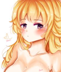 Rule 34 | 1girl, :t, artist name, blonde hair, blush, blush stickers, breasts, character name, cleavage, collarbone, eyebrows, heart, long hair, pale skin, pout, pouty lips, purple eyes, rono, rwby, signature, solo, spoken heart, white background, yang xiao long