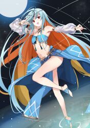 1girl :d \n/ alternate_costume arm_up armpits bare_shoulders blonde_hair blue_hair blue_tube_top colored_inner_hair commentary counter:side dancing ddolggol detached_sleeves double_\n/ dutch_angle ferroniere full_body full_moon gold_trim gradient_hair groin harem_outfit highres jewelry leg_up light_blue_hair long_hair looking_at_viewer moon mouth_veil multicolored_hair navel neck_ring necklace open_mouth orange_hair outstretched_arm pelvic_curtain red_eyes see-through see-through_sleeves sigma_(counter:side) sky smile solo sparkle star_(sky) starry_sky stirrup_footwear stomach strapless tassel tiptoes tube_top variant_set veil very_long_hair white_sleeves