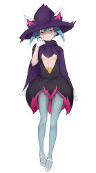 Rule 34 | 1girl, absurdres, animal ear headwear, animal ears, black dress, blue hair, blue pantyhose, breasts, cleavage, closed mouth, dress, fake animal ears, full body, gloves, hand up, hat, highres, humanization, katress (palworld), light blue hair, looking at viewer, midriff, palworld, pantyhose, pink eyes, plunging neckline, purple headwear, purple sleeves, shoes, short hair, simple background, small breasts, smile, star anise, white background, white footwear, white gloves, wide sleeves, witch hat