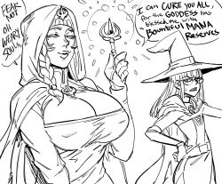 Rule 34 | 2girls, ^ ^, bb (baalbuddy), braid, breast envy, breasts, clenched teeth, cloak, closed eyes, closed mouth, commentary, english commentary, english text, flat chest, greyscale, habit, hair over shoulder, hand on own hip, hand up, hat, hexagram, highres, holding, int witch (baalbuddy), large breasts, lips, looking at another, magic, mole, mole under eye, monochrome, multiple girls, nun, original, sanpaku, sash, simple background, smile, star of david, sweatdrop, teeth, upper body, veil, wand, white background, wide-eyed, witch hat