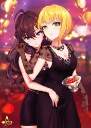Rule 34 | 2girls, :3, :t, ahoge, bare shoulders, black dress, black gloves, blonde hair, blue eyes, blush, bowl, breasts, brown hair, cherry, cleavage, closed mouth, cocktail dress, collarbone, commentary request, dress, earrings, eating, floral print, food, fruit, gloves, green eyes, hair between eyes, highres, holding, ichinose shiki, idolmaster, idolmaster cinderella girls, idolmaster cinderella girls starlight stage, infinote, jewelry, lazy lazy (idolmaster), lips, long hair, looking at viewer, medium breasts, miyamoto frederica, multiple girls, see-through, see-through cleavage, sexually suggestive, short hair, sleeveless, sleeveless dress, smile, upper body, wavy hair, yonic symbol, yuri