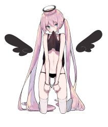 Rule 34 | 1girl, bare arms, bare shoulders, black panties, black tank top, black wings, blue eyes, blush, closed mouth, clothes in mouth, clothes lift, commentary, cuffs, detached wings, english commentary, full body, gluteal fold, hair between eyes, halo, handcuffs, head tilt, highres, kneeling, lifting own clothes, long hair, mimelond, mouth hold, navel, no shoes, original, panties, pink hair, shirt in mouth, shirt lift, simple background, solo, tank top, thighhighs, twintails, underwear, very long hair, white background, white thighhighs, wings