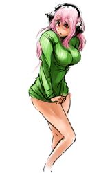 Rule 34 | 1girl, bare legs, blush, bottomless, breasts, cleavage, clothes tug, drawfag, green shirt, headphones, highres, impossible clothes, impossible sweater, large breasts, long hair, naked sweater, nitroplus, pink hair, red eyes, ribbed sweater, shirt, solo, super sonico, sweater, sweater tug