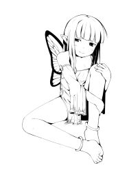 Rule 34 | 1girl, anklet, barefoot, butterfly wings, feet, flat chest, greyscale, highres, insect wings, jewelry, lineart, long hair, looking at viewer, monochrome, pointy ears, shima (sh1mamu), sitting, smile, solo, toes, wings