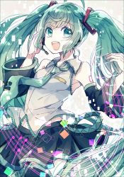 Rule 34 | 1girl, ahoge, bad id, bad pixiv id, detached sleeves, green eyes, green hair, hatsune miku, headset, long hair, matching hair/eyes, mayoko na kuroneko, musical note, nail polish, necktie, open mouth, skirt, solo, thighhighs, twintails, very long hair, vocaloid