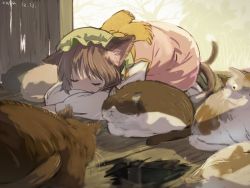 Rule 34 | 1girl, animal, animal ears, brown hair, cat, cat ears, cat tail, chabi (amedama), chen, closed eyes, dated, hat, hole, long sleeves, looking at another, mob cap, multiple tails, nekomata, scarf, shirt, short hair, skirt, skirt set, sleeping, solo, tail, touhou, two tails