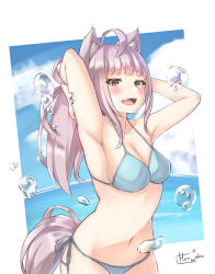 Rule 34 | 1girl, absurdres, ahoge, animal ears, armpits, artist name, bare arms, bare shoulders, beach, bikini, blue bikini, blush, breasts, brown eyes, cleavage, collarbone, commentary request, copyright request, day, fang, grey hair, highres, long hair, looking at viewer, medium breasts, open mouth, original, outside border, side-tie bikini bottom, smile, solo, swimsuit, tail, water drop, white hair, wolf ears, wolf tail, yumoto motoyu