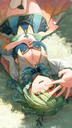 Rule 34 | 1girl, absurdres, antlers, braid, branch, breasts, ceres fauna, cleavage, dress, flower, green hair, hair flower, hair ornament, highres, hololive, hololive english, horns, kanoe (tatsukanoe), large breasts, leaf, looking at viewer, lying, medium hair, multicolored hair, on back, on grass, on ground, open mouth, outdoors, skirt, sunlight, thighhighs, thighs, upside-down, virtual youtuber, wavy hair, zettai ryouiki