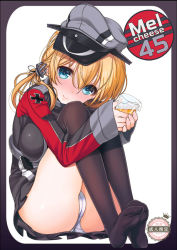 Rule 34 | 10s, 1girl, anchor hair ornament, ass, blonde hair, blue eyes, cup, green eyes, hair ornament, hat, kantai collection, legs together, microskirt, military, military hat, military uniform, nanase meruchi, no shoes, panties, pantyshot, pleated skirt, prinz eugen (kancolle), sitting, skirt, solo, thighhighs, twintails, underwear, uniform, white panties