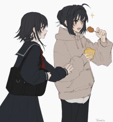 Rule 34 | 1girl, 1other, ahoge, alternate costume, ambiguous gender, androgynous, bag, black bag, black hair, black pants, black sailor collar, black skirt, brown eyes, commentary request, contemporary, fate/samurai remnant, fate (series), food, grey hoodie, highres, holding, holding food, hood, hood down, hoodie, long sleeves, looking at another, neckerchief, ogasawara kaya, open mouth, pants, red neckerchief, yamato takeru (fate), sailor collar, school bag, school uniform, serafuku, short hair, signature, simple background, skirt, smile, white background, yumeko (fgo39625963)