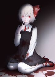Rule 34 | 1girl, black dress, blonde hair, blood, blood from mouth, blood on clothes, blood splatter, closed mouth, collared shirt, dark, dress, fingernails, hair ornament, hand up, highres, long sleeves, looking at viewer, migihidari (puwako), nail polish, necktie, pale skin, pinafore dress, red eyes, red footwear, red necktie, rumia, shirt, shoes, short hair, sitting, sleeveless dress, slit pupils, solo, thighhighs, touhou, vampire, wariza, white shirt, white thighhighs, wing collar