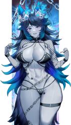 Rule 34 | 1girl, absurdres, animal ear fluff, animal ears, bikini, black bikini, black collar, blue eyes, blue hair, breasts, chain, cleavage, collar, fingerless gloves, fishnet gloves, fishnet top, fishnets, gloves, gradient hair, hair ornament, hairpin, highres, indie virtual youtuber, large breasts, long hair, looking at viewer, multicolored hair, navel, second-party source, smile, solo, spite (vtuber), swimsuit, tail, thigh strap, virtual youtuber, wann!, wolf ears, wolf girl, wolf tail