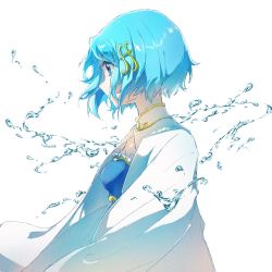 Rule 34 | 1girl, blue eyes, blue hair, cape, fortissimo, from side, hair ornament, looking away, magical girl, mahou shoujo madoka magica, mahou shoujo madoka magica (anime), mahou shoujo madoka magica movie 1 &amp; 2, miki sayaka, musical note, musical note hair ornament, noria hpna, short hair, simple background, solo, water, white background