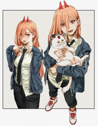 Rule 34 | 1girl, black necktie, black pants, blonde hair, blue jacket, blush, breasts, carrying, cat, chainsaw man, child carry, cross-shaped pupils, demon horns, fang, hair between eyes, highres, horns, jacket, long hair, looking at viewer, medium breasts, meowy (chainsaw man), multiple views, necktie, own hands together, pants, power (chainsaw man), shiren (ourboy83), shirt, shoes, sneakers, straight hair, symbol-shaped pupils, very long hair, white shirt
