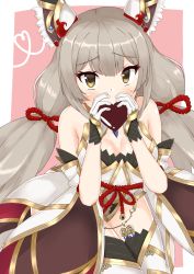 Rule 34 | animal ear fluff, animal ears, aquas desuyo, blunt bangs, blush, bow, breasts, cat ears, cleavage, gloves, grey hair, heart, highres, holding, holding heart, leotard, looking at viewer, medium breasts, nia (blade) (xenoblade), nia (xenoblade), nintendo, niyah, pink background, shy, solo, spoilers, thighhighs, thighs, twintails, valentine, white background, white gloves, white leotard, xenoblade chronicles (series), xenoblade chronicles 2, yellow eyes
