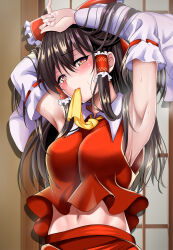 Rule 34 | 1girl, arm behind head, arm on own head, armpits, arms up, black hair, blush, breasts, collar, commentary request, detached sleeves, embarrassed, fingernails, furrowed brow, hair between eyes, hair over shoulder, hair tubes, hakurei reimu, half-closed eyes, head tilt, highres, japanese clothes, large breasts, long hair, miko, navel, neckerchief, neckerchief in mouth, ougi (ihayasaka), red ribbon, red shirt, red skirt, ribbon, ribbon-trimmed sleeves, ribbon trim, shirt, sidelocks, skirt, sleeveless, sleeveless shirt, solo, steam, stomach, sweat, touhou, upper body, white collar, white sleeves, wide sleeves, wing collar, yellow eyes, yellow neckerchief
