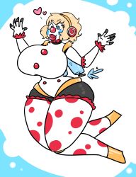Rule 34 | 1girl, absurdres, aegis (persona), ass, bimbofication, blonde hair, blue eyes, breasts, clown, clown nose, collar, female focus, high heels, highres, huge ass, huge breasts, latex, lips, persona, polka dot, rainbow, red nose, simple background, solo, thick thighs, thighs, topless, transformation, white background, wide hips