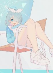 Rule 34 | 1girl, absurdres, arona (blue archive), blue archive, blue hair, chair, envelope, hair over one eye, halo, highres, holding, holding envelope, light blue hair, looking at viewer, open mouth, panties, shoes, smile, solo, tachibana shiori (suica 112), umbrella, underwear, white footwear
