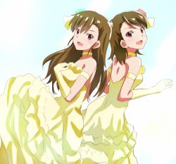 Rule 34 | 2girls, :d, aged up, alternate hairstyle, bad id, bad pixiv id, bare shoulders, brown eyes, brown hair, dars (recolors), dress, futami ami, futami mami, gradient background, hair down, idolmaster, idolmaster (classic), long hair, looking at viewer, multiple girls, open mouth, short hair, siblings, sisters, smile, tongue, twins