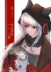 Rule 34 | 1girl, animal ears, arknights, cup, disposable coffee cup, disposable cup, frostleaf (arknights), haki penguin, headset, highres, long hair, material growth, oripathy lesion (arknights), red eyes, red nails, simple background, solo, white background, white hair