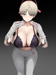 Rule 34 | 1girl, black bra, blue archive, bra, breasts, cleavage, halo, highres, k8on, large breasts, light brown hair, marina (blue archive), military, military uniform, open clothes, open shirt, pants, short hair, simple background, solo, standing, sweat, underwear, uniform, white pants, yellow eyes