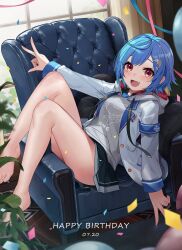 Rule 34 | 1girl, absurdres, armchair, bare legs, barefoot, blue hair, blush, chair, confetti, dolphin hair ornament, fang, full body, grey hoodie, happy birthday, highres, hood, hood down, hoodie, jacket, kaguya (srx61800), legs, long sleeves, looking at viewer, lying, miniskirt, nijisanji, nishizono chigusa, on back, on chair, open clothes, open jacket, open mouth, pillow, print hoodie, red eyes, short hair, sidelocks, skin fang, skirt, smile, solo, thighs, v, virtual youtuber, w, white jacket
